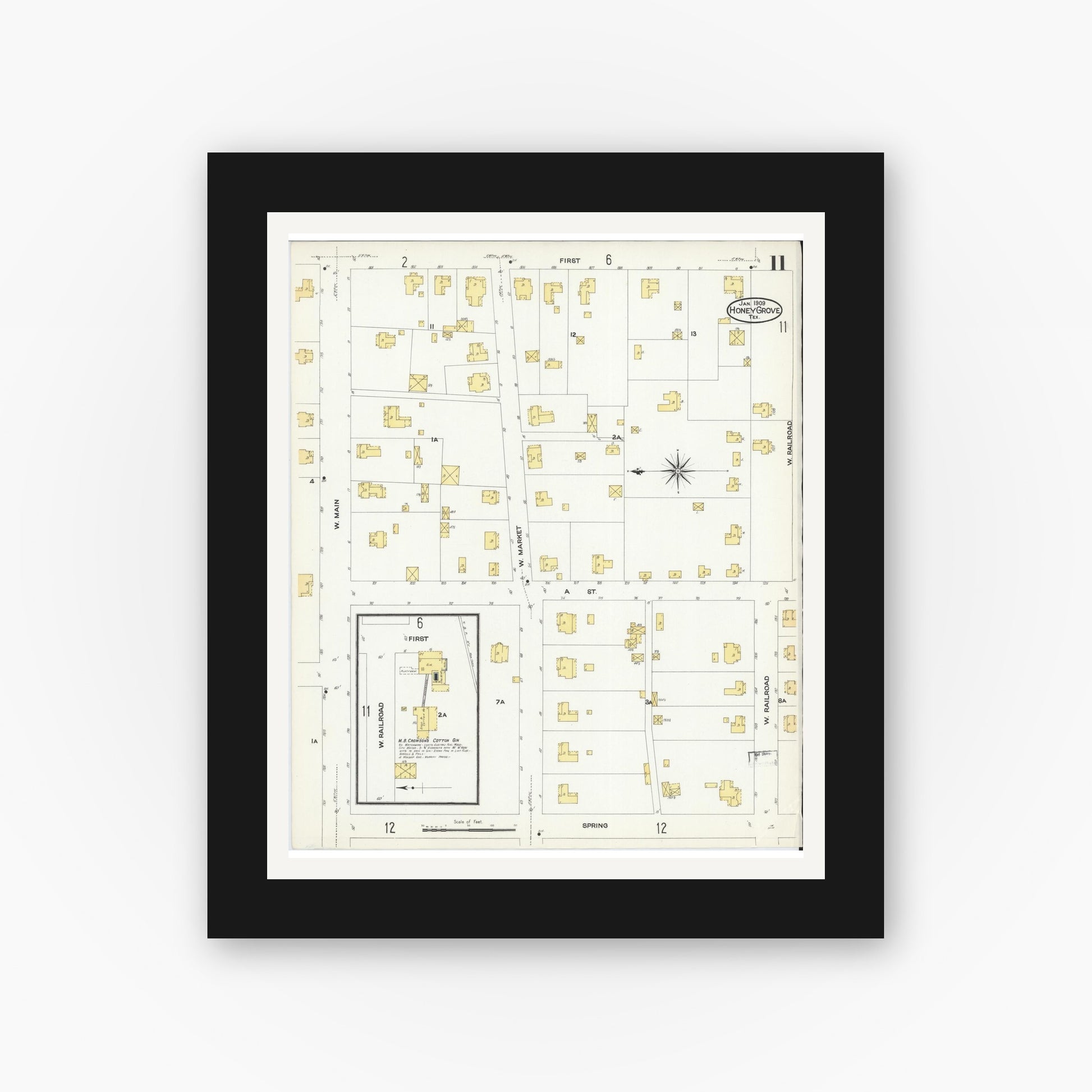 Old map wall art mockup — black gallery frame with white mat — Sanborn Fire Insurance Map from Honey Grove, Fannin County, Texas (1909), Sheet #0011