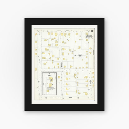 Old map wall art mockup — black gallery frame with white mat — Sanborn Fire Insurance Map from Honey Grove, Fannin County, Texas (1909), Sheet #0011