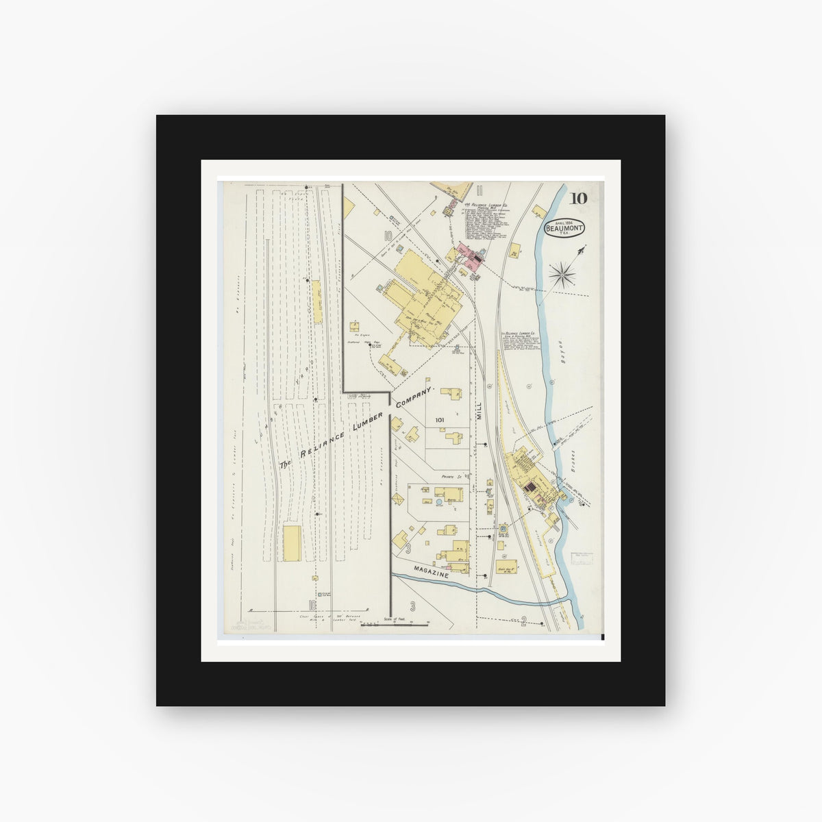 Old map wall art mockup — black gallery frame with white mat — Sanborn Fire Insurance Map from Beaumont, Jefferson County, Texas (1894), Sheet #0010