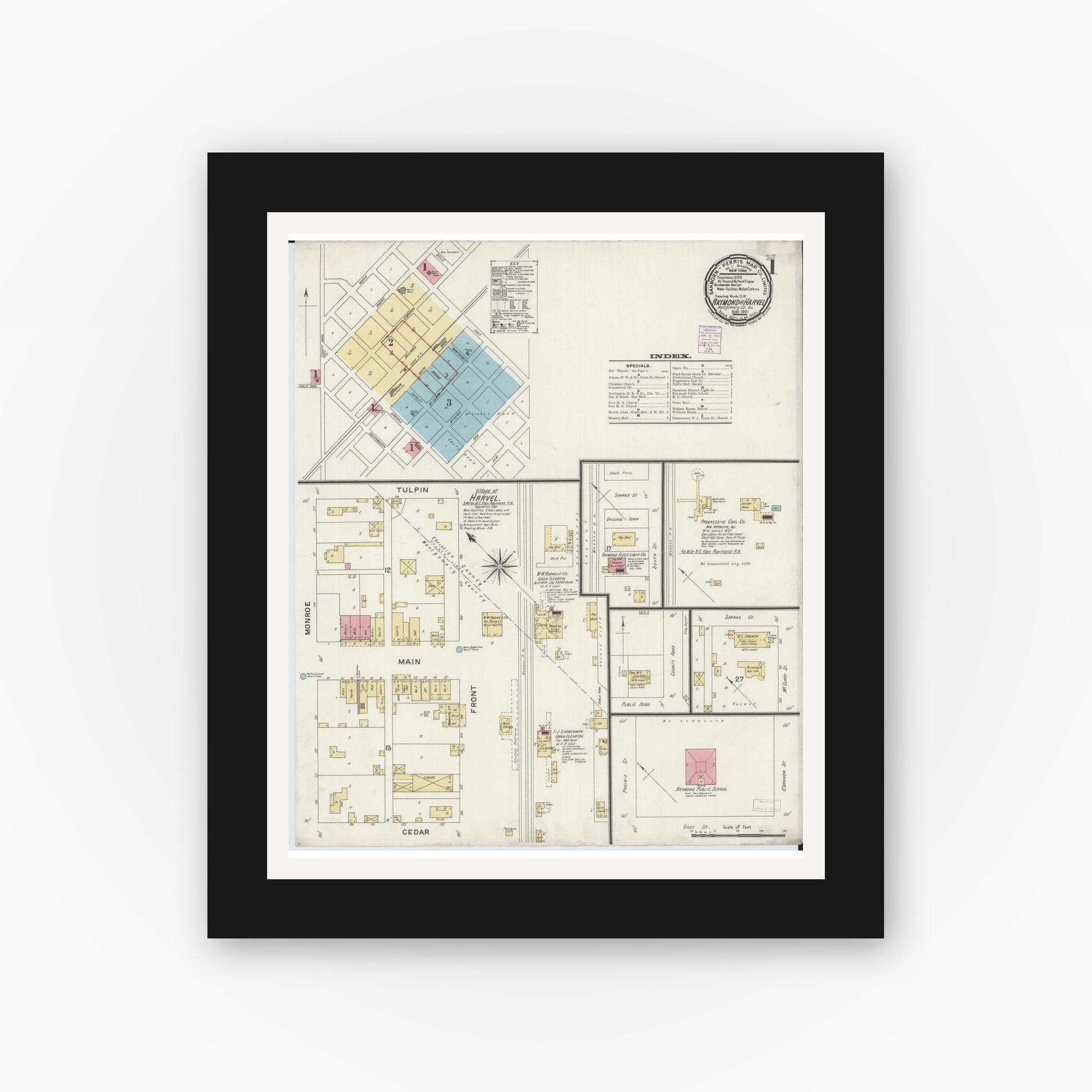 Old map wall art mockup — black gallery frame with white mat — Sanborn Fire Insurance Map from Raymond, Montgomery County, Illinois (1901) - Complete Map Set
