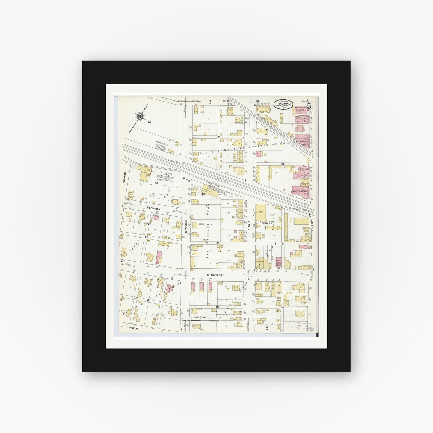 Old map wall art mockup — black gallery frame with white mat — Sanborn Fire Insurance Map from London, Madison County, Ohio (1910), Sheet #0005
