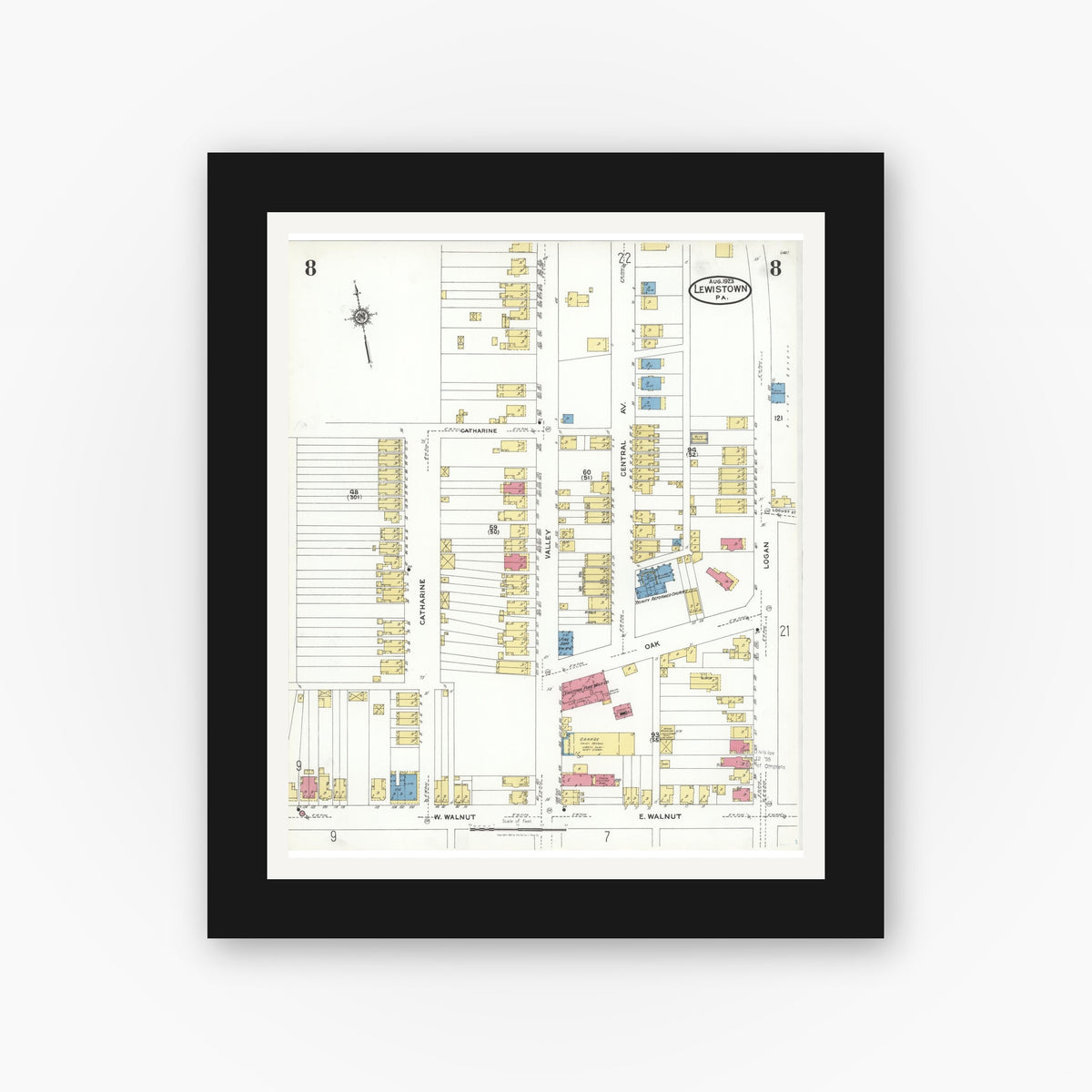 Old map wall art mockup — black gallery frame with white mat — Sanborn Fire Insurance Map from Lewistown, Mifflin County, Pennsylvania (1923), Sheet #0008