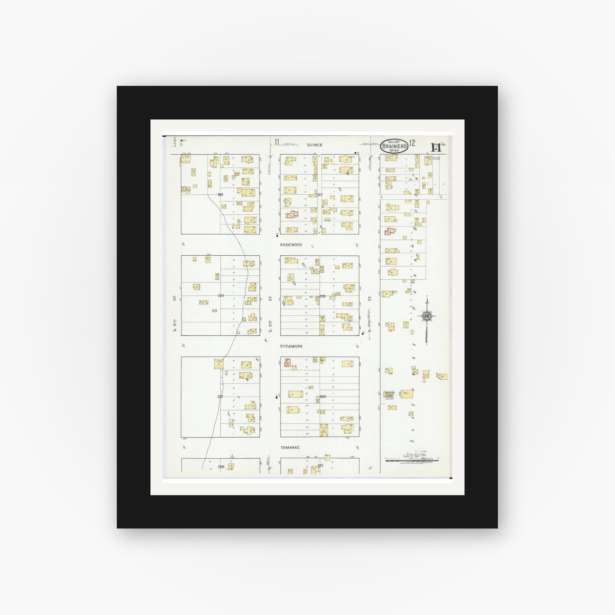 Old map wall art mockup — black gallery frame with white mat — Sanborn Fire Insurance Map from Brainerd, Crow Wing County, Minnesota (1917), Sheet #0014
