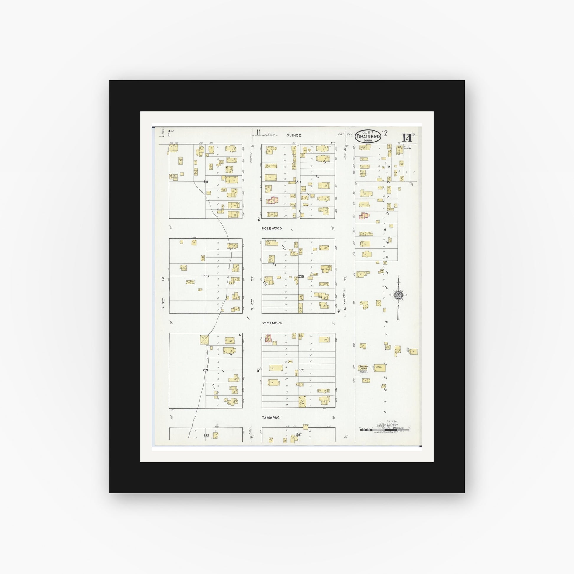 Old map wall art mockup — black gallery frame with white mat — Sanborn Fire Insurance Map from Brainerd, Crow Wing County, Minnesota (1917), Sheet #0014
