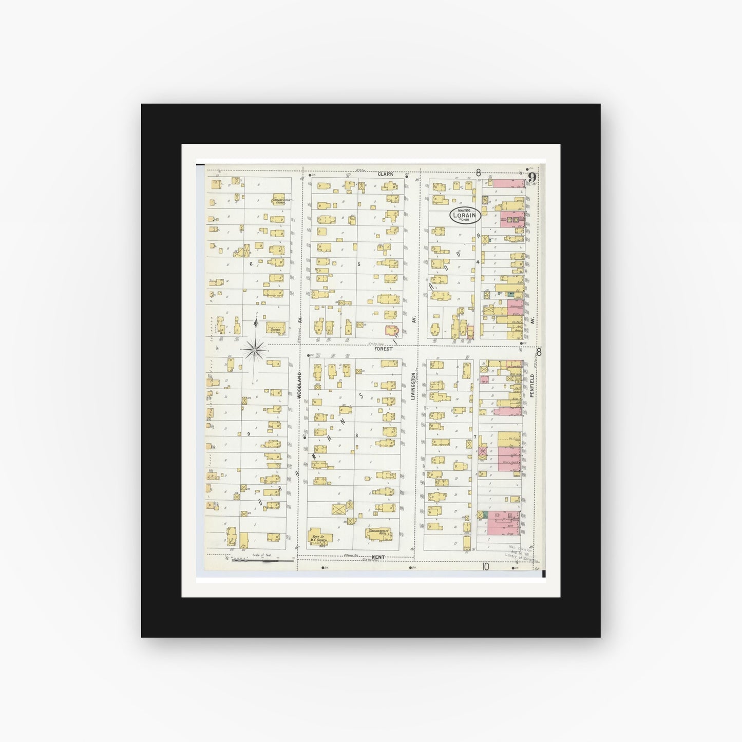 Old map wall art mockup — black gallery frame with white mat — Sanborn Fire Insurance Map from Lorain, Lorain County, Ohio (1900), Sheet #0009