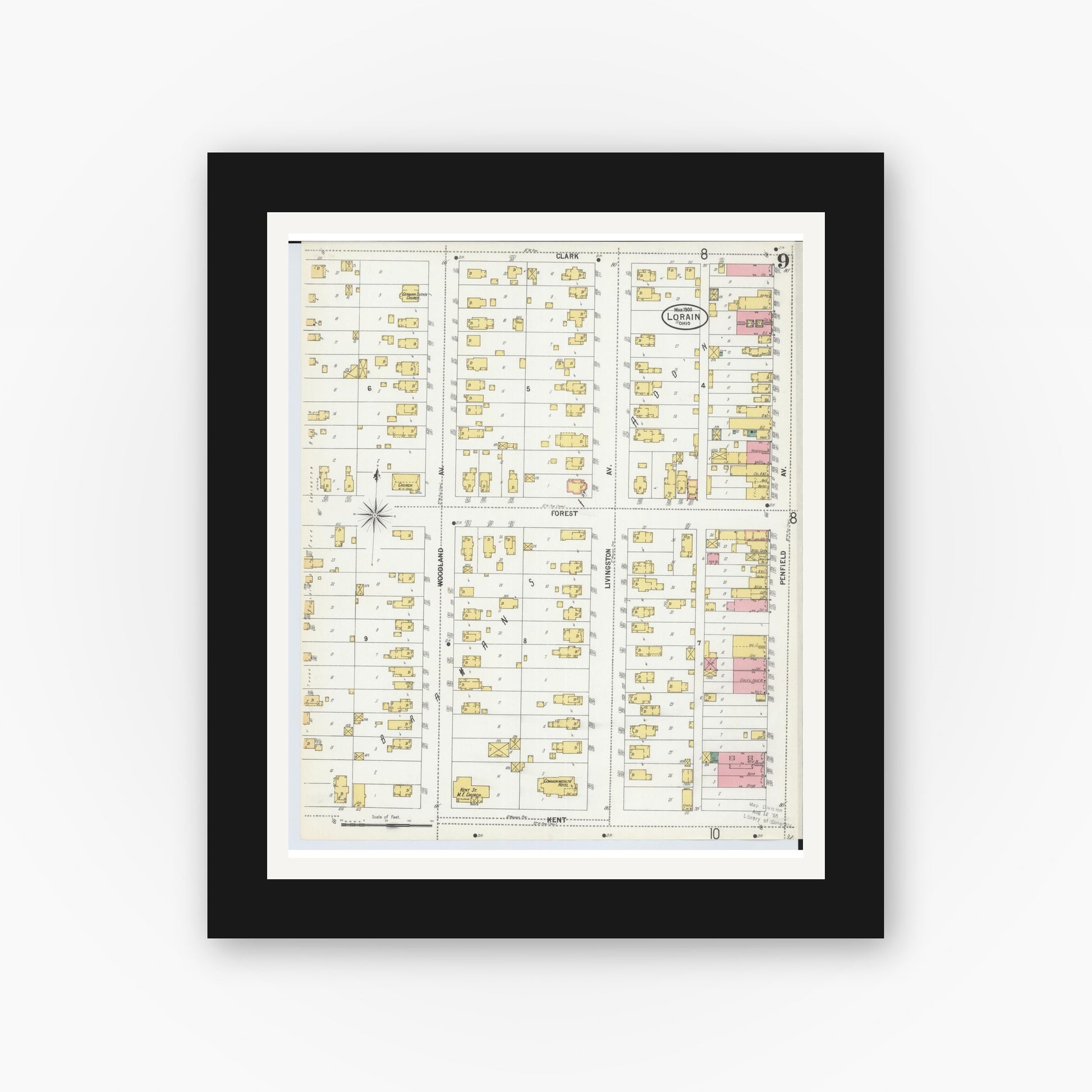 Old map wall art mockup — black gallery frame with white mat — Sanborn Fire Insurance Map from Lorain, Lorain County, Ohio (1900), Sheet #0009