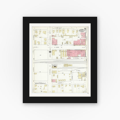 Old map wall art mockup — black gallery frame with white mat — Sanborn Fire Insurance Map from Terrell, Kaufman County, Texas (1914), Sheet #0009
