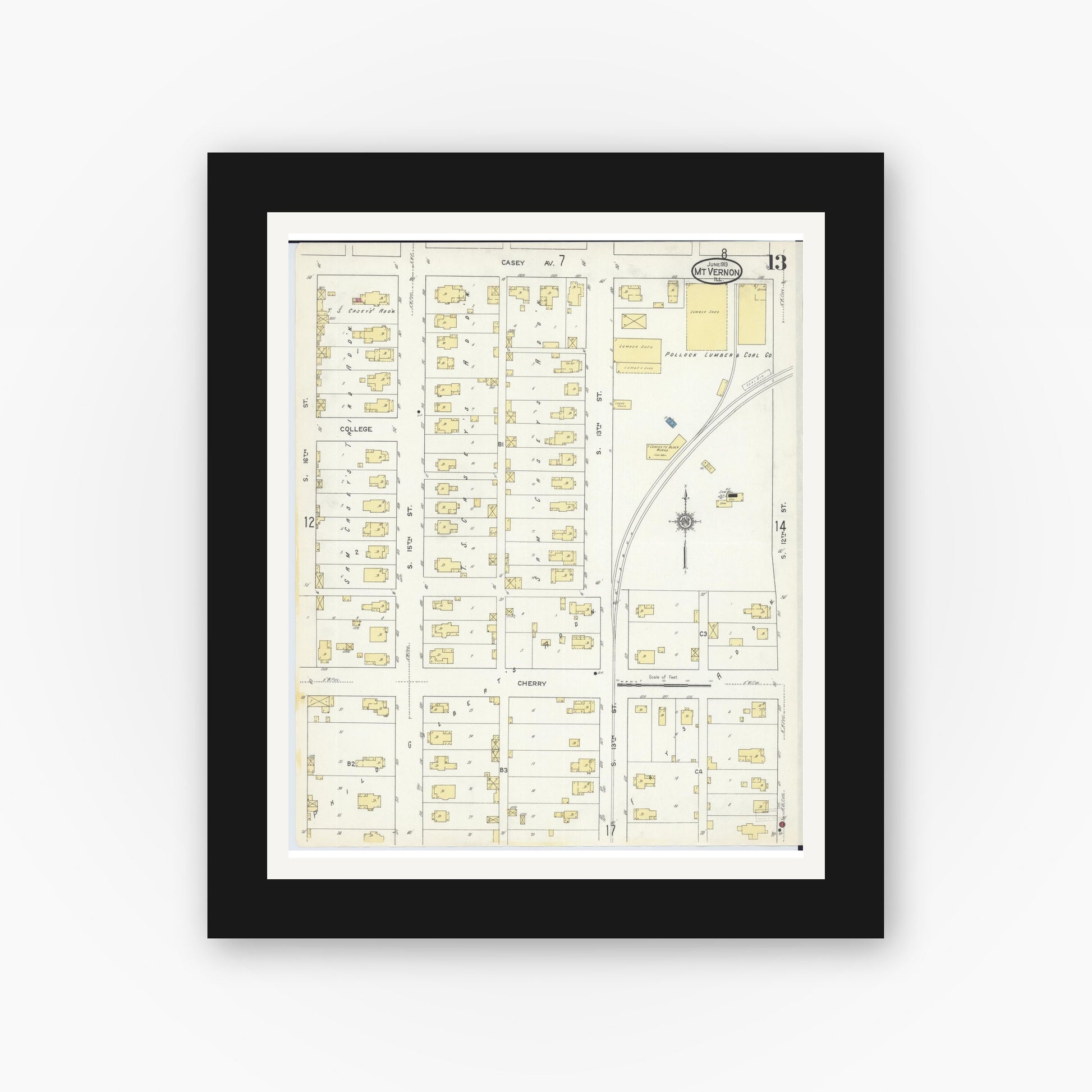 Old map wall art mockup — black gallery frame with white mat — Sanborn Fire Insurance Map from Mount Vernon, Jefferson County, Illinois (1913), Sheet #0013