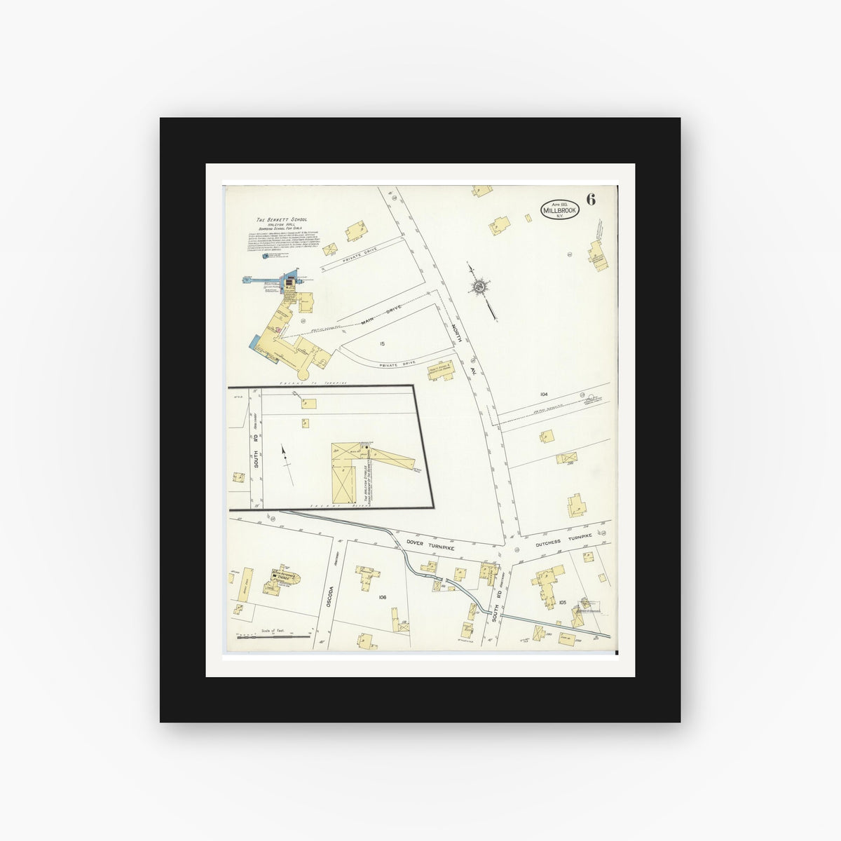 Old map wall art mockup — black gallery frame with white mat — Sanborn Fire Insurance Map from Millbrook, Dutchess County, New York (1913), Sheet #0006