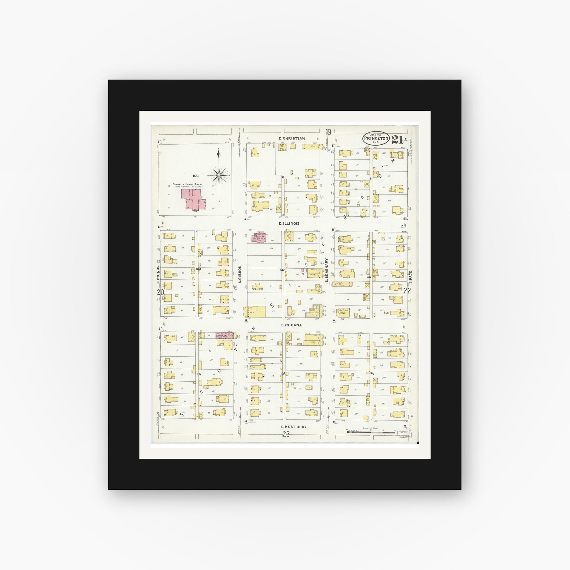 Old map wall art mockup — black gallery frame with white mat — Sanborn Fire Insurance Map from Princeton, Gibson County, Indiana (1907), Sheet #0021