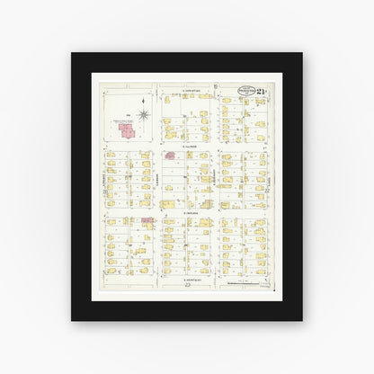 Old map wall art mockup — black gallery frame with white mat — Sanborn Fire Insurance Map from Princeton, Gibson County, Indiana (1907), Sheet #0021