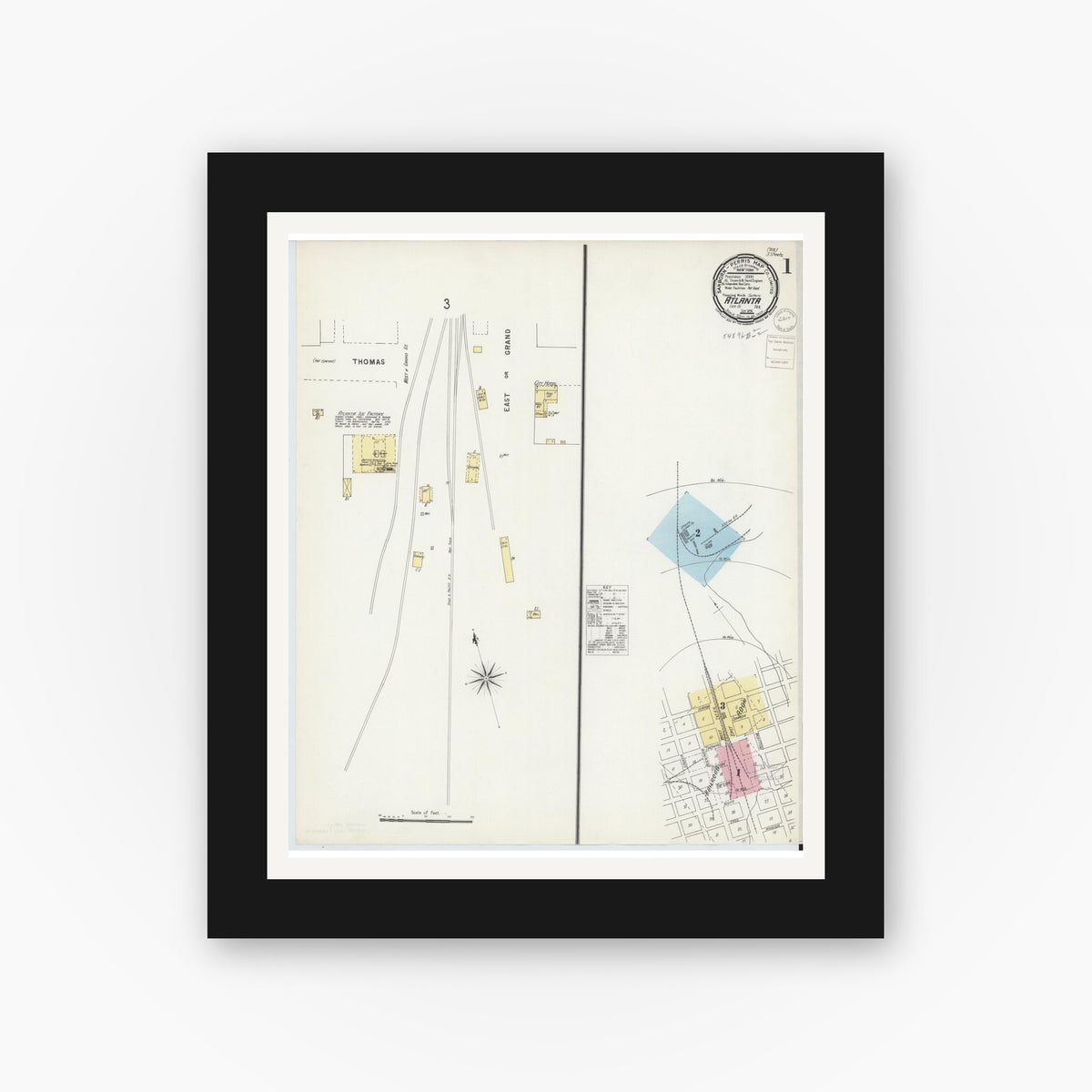 Old map wall art mockup — black gallery frame with white mat — Sanborn Fire Insurance Map from Atlanta, Cass County, Texas (1896), Sheet #0001