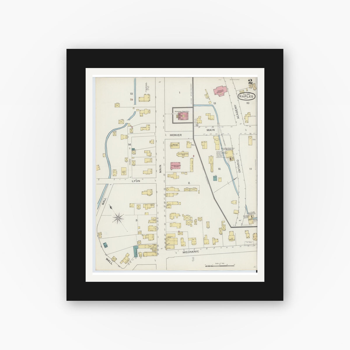 Old map wall art mockup — black gallery frame with white mat — Sanborn Fire Insurance Map from Naples, Ontario County, New York (1893), Sheet #0002