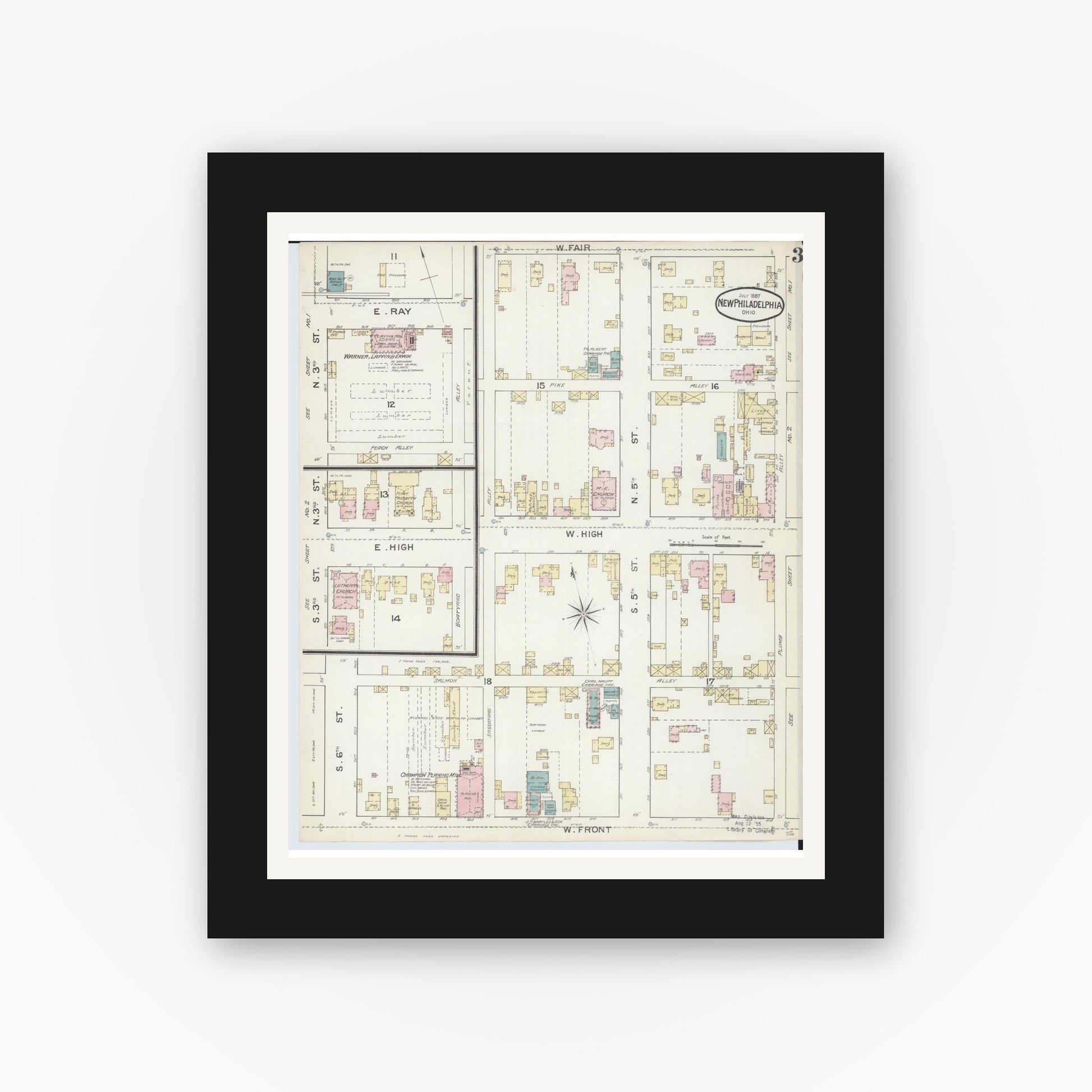 Old map wall art mockup — black gallery frame with white mat — Sanborn Fire Insurance Map from New Philadelphia, Tuscarawas County, Ohio (1887), Sheet #0003