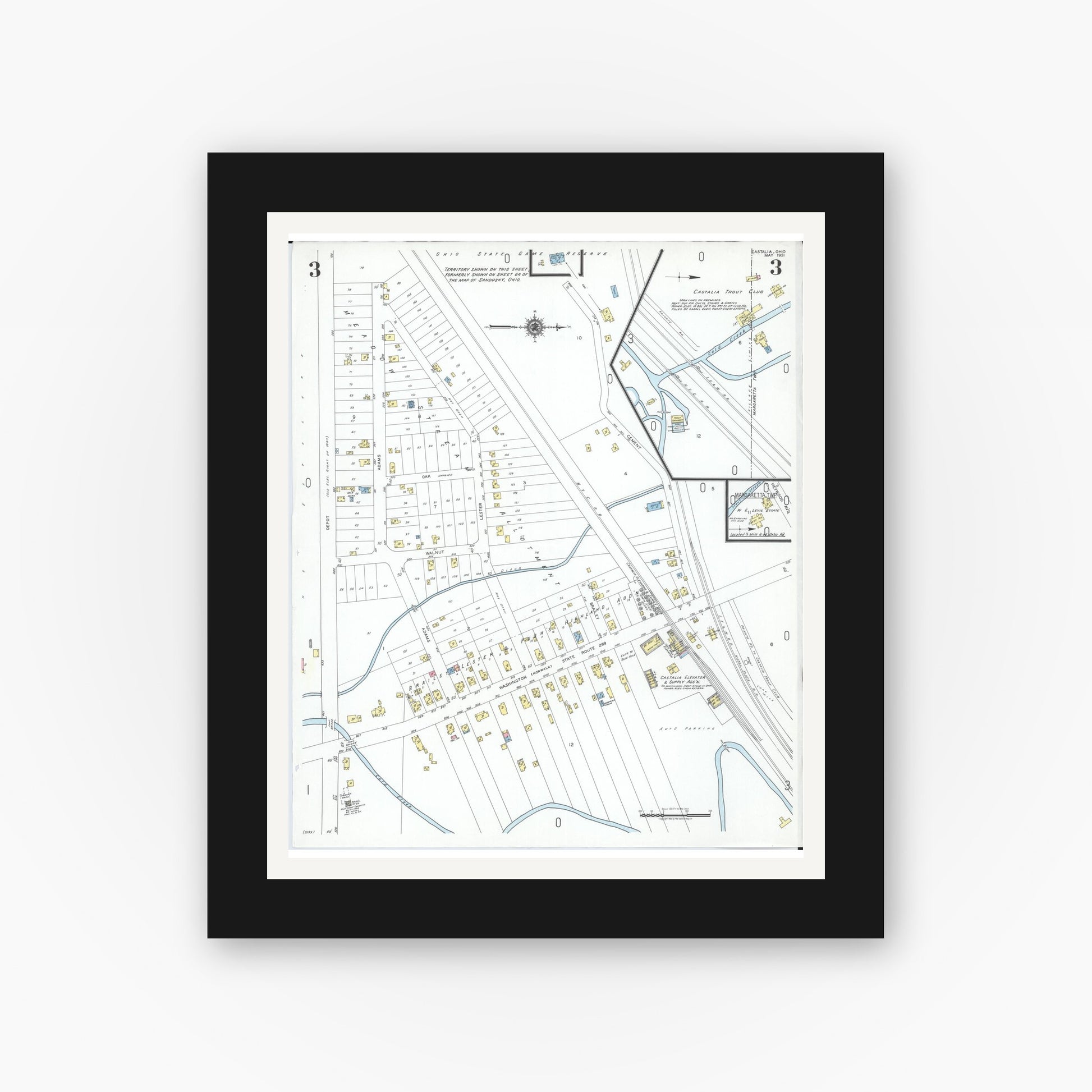 Old map wall art mockup — black gallery frame with white mat — Sanborn Fire Insurance Map from Castalia, Erie County, Ohio (1951), Sheet #0003