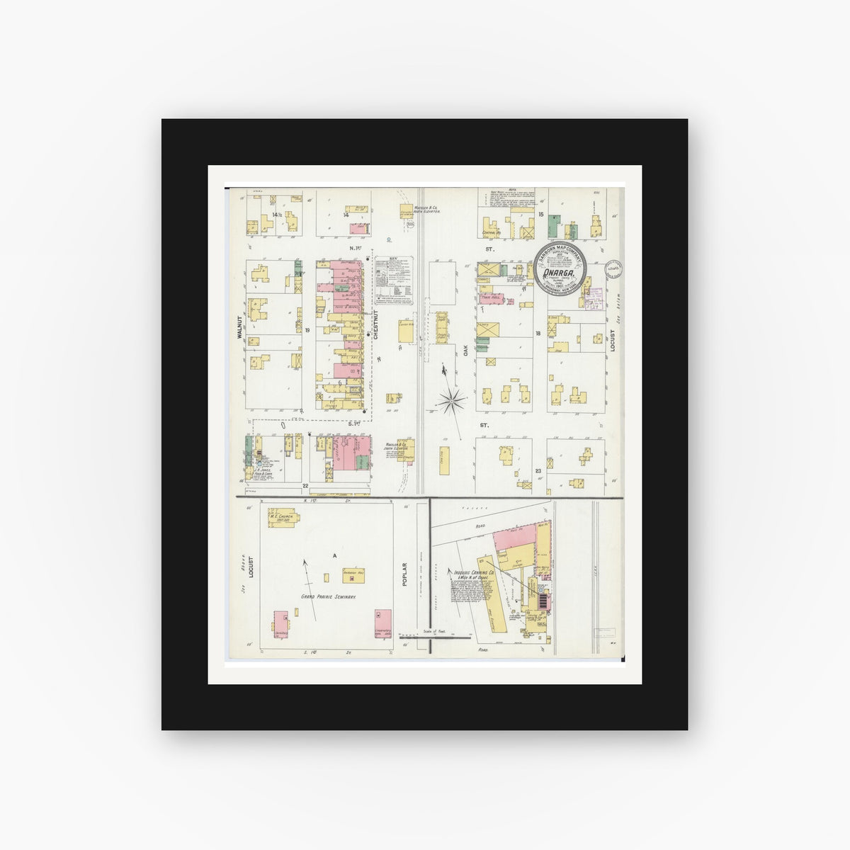 Old map wall art mockup — black gallery frame with white mat — Sanborn Fire Insurance Map from Onarga, Iroquois County, Illinois (1901) - Complete Map Set