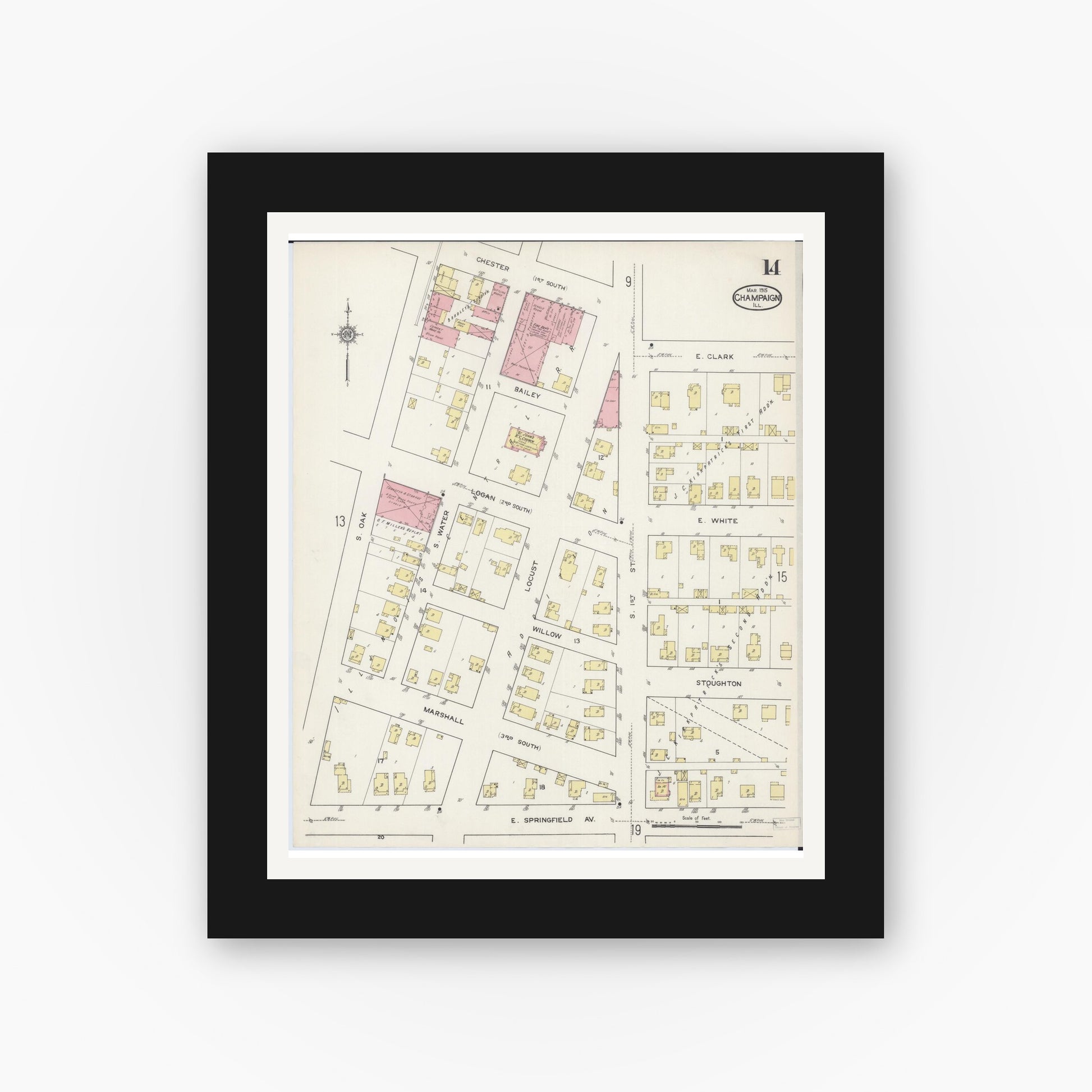 Old map wall art mockup — black gallery frame with white mat — Sanborn Fire Insurance Map from Champaign, Champaign County, Illinois (1915), Sheet #0014