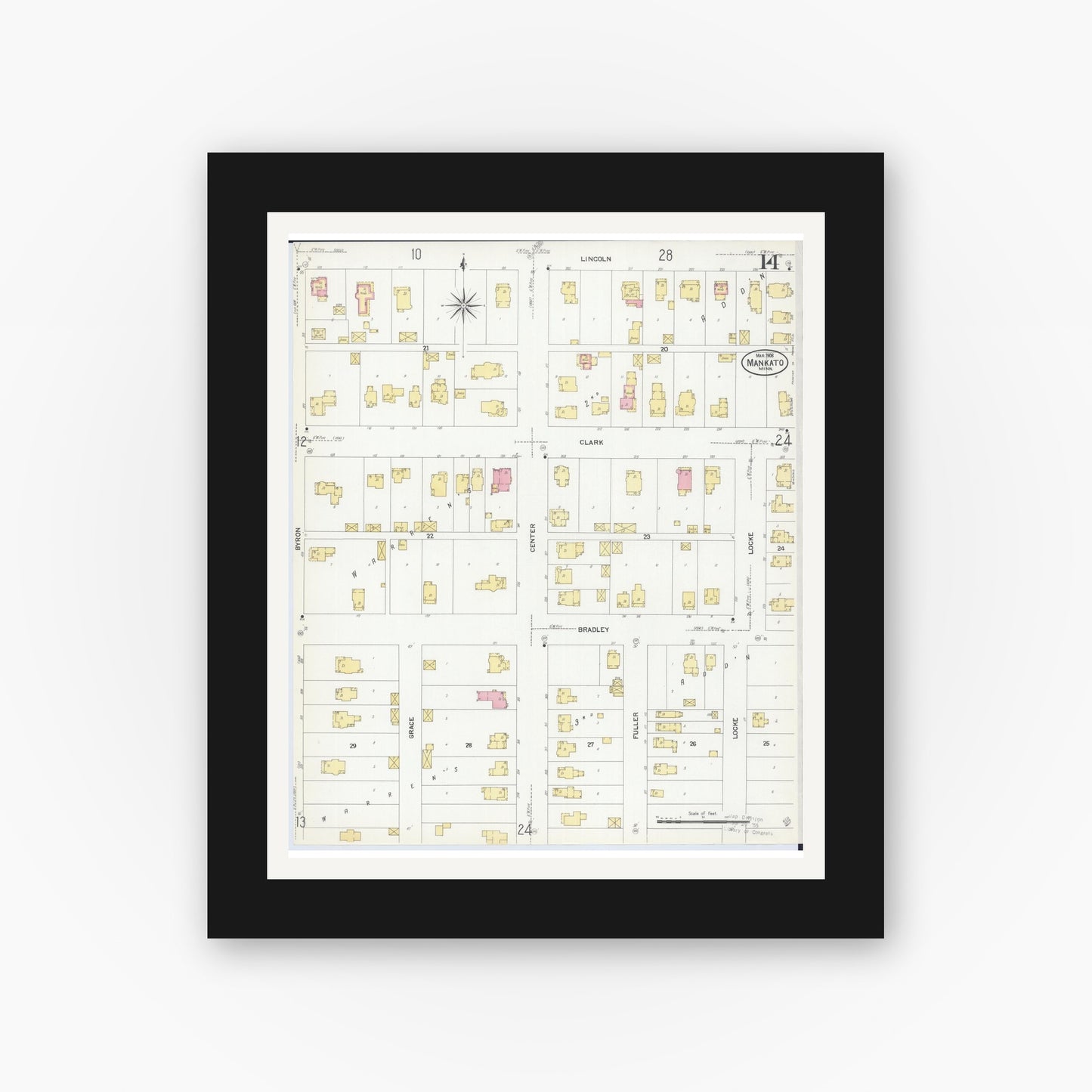 Old map wall art mockup — black gallery frame with white mat — Sanborn Fire Insurance Map from Mankato, Blue Earth County, Minnesota (1908), Sheet #0014