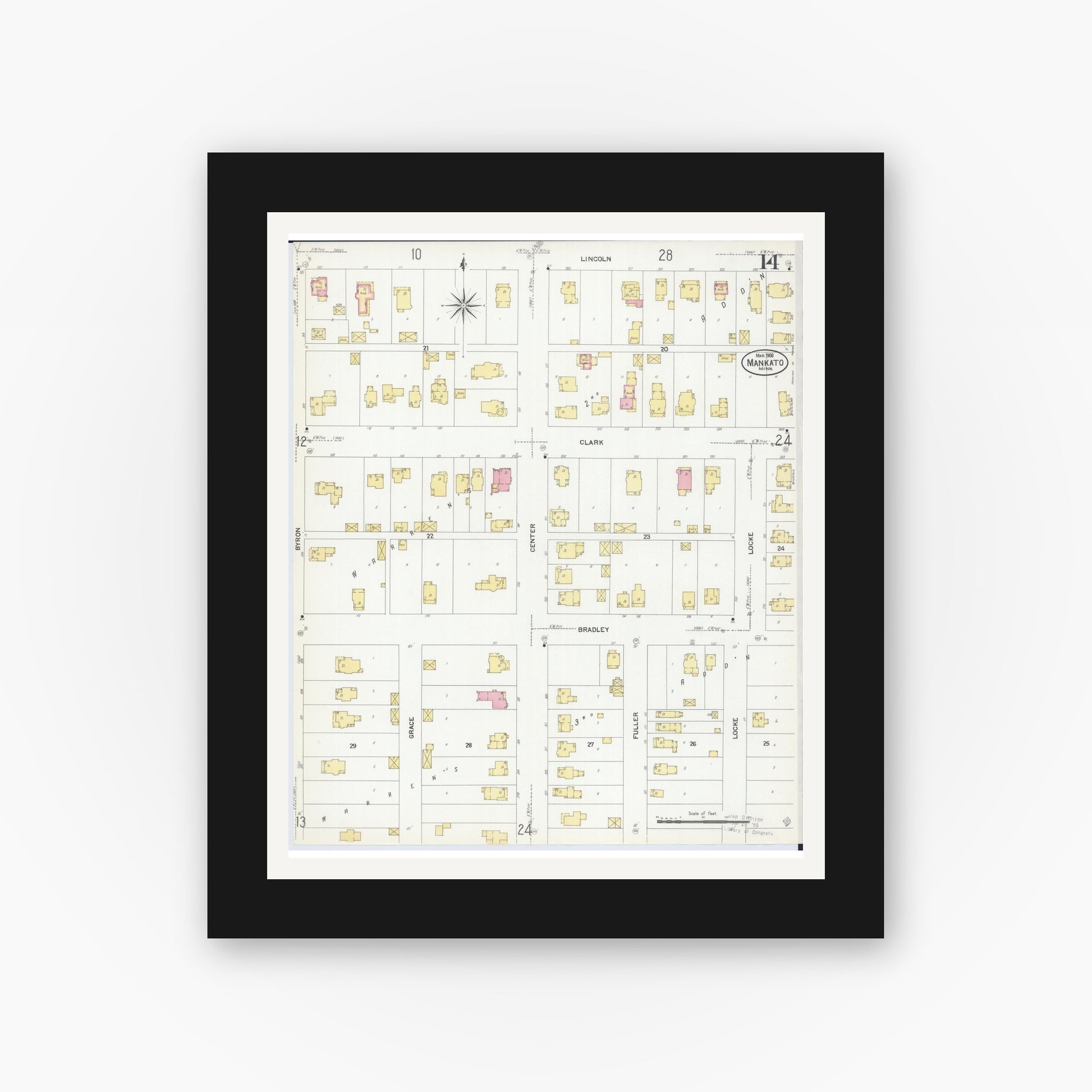 Old map wall art mockup — black gallery frame with white mat — Sanborn Fire Insurance Map from Mankato, Blue Earth County, Minnesota (1908), Sheet #0014