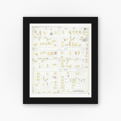 Old map wall art mockup — black gallery frame with white mat — Sanborn Fire Insurance Map from Mankato, Blue Earth County, Minnesota (1908), Sheet #0014
