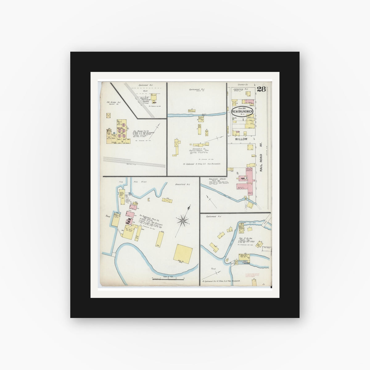 Old map wall art mockup — black gallery frame with white mat — Sanborn Fire Insurance Map from New Brunswick, Middlesex County, New Jersey (1892), Sheet #0028
