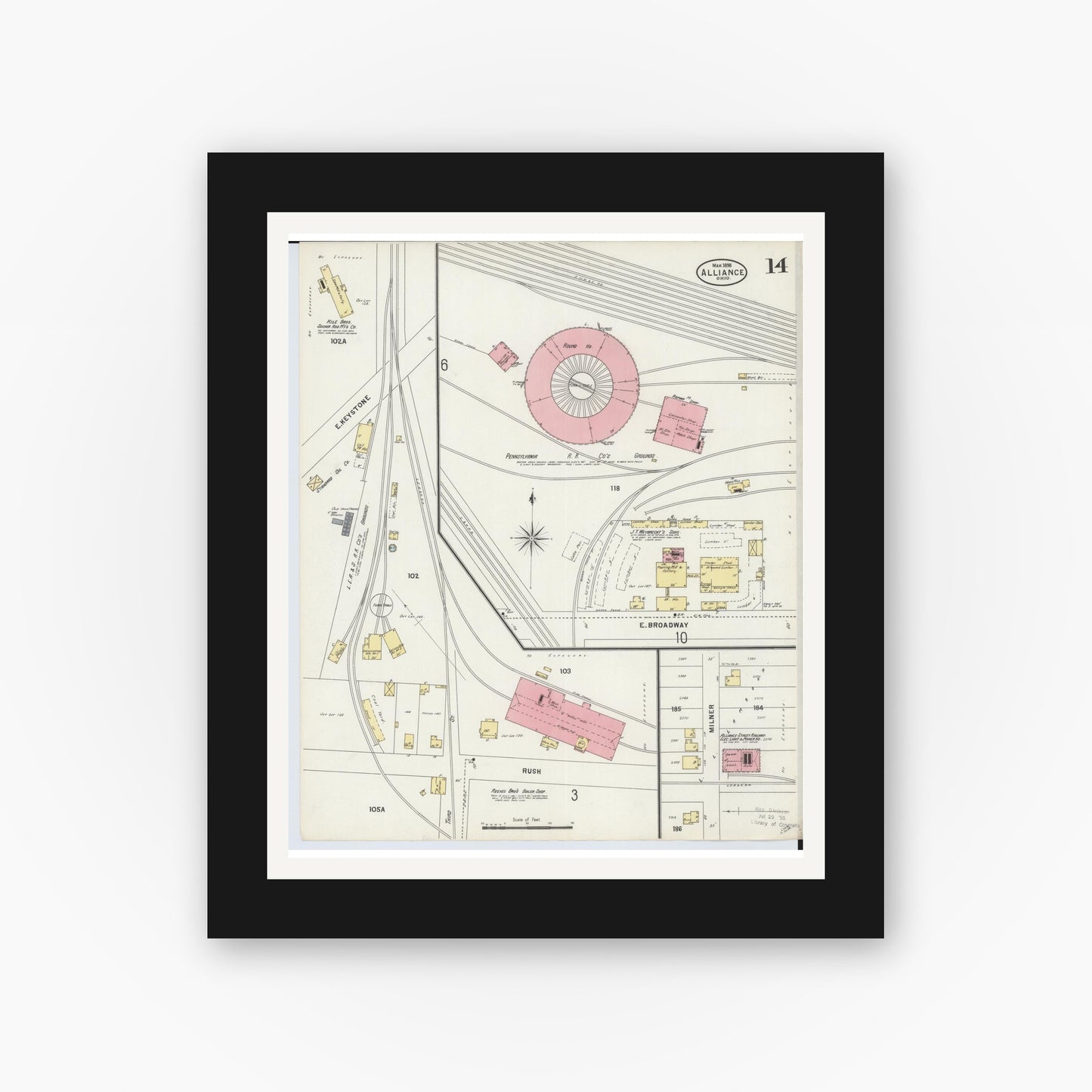 Old map wall art mockup — black gallery frame with white mat — Sanborn Fire Insurance Map from Alliance, Stark County, Ohio (1898), Sheet #0014