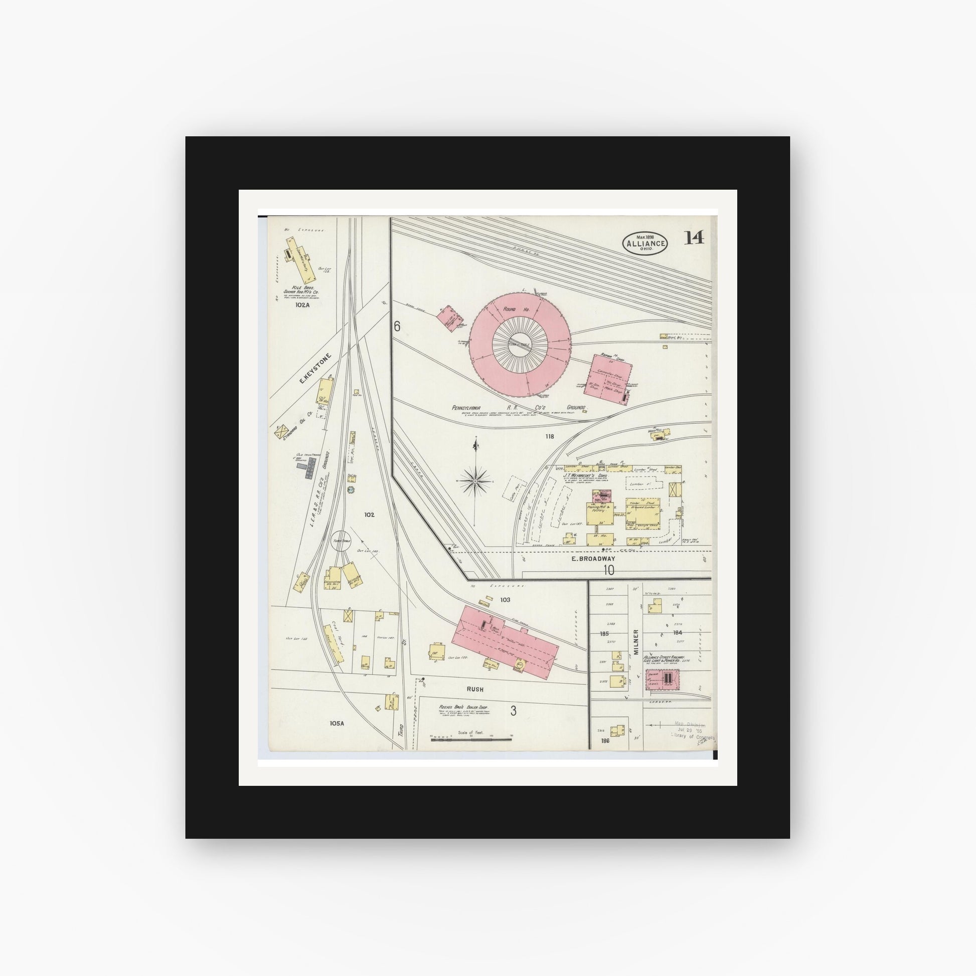 Old map wall art mockup — black gallery frame with white mat — Sanborn Fire Insurance Map from Alliance, Stark County, Ohio (1898), Sheet #0014