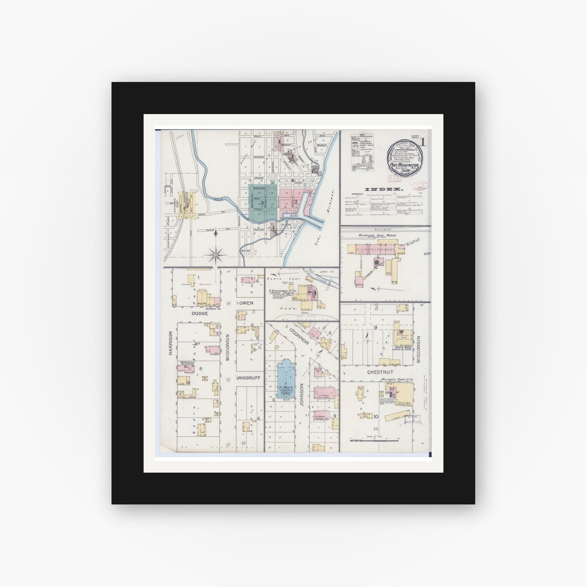 Old map wall art mockup — black gallery frame with white mat — Sanborn Fire Insurance Map from Port Washington, Ozaukee County, Wisconsin (1893) - Complete Map Set