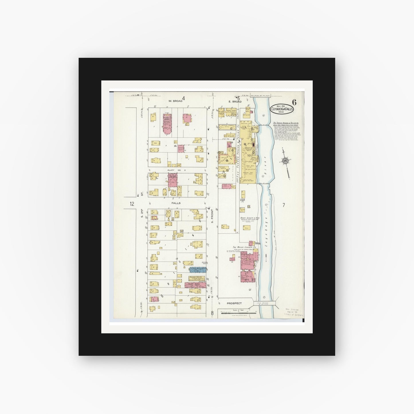 Old map wall art mockup — black gallery frame with white mat — Sanborn Fire Insurance Map from Cuyahoga Falls, Summit County, Ohio (1916), Sheet #0006