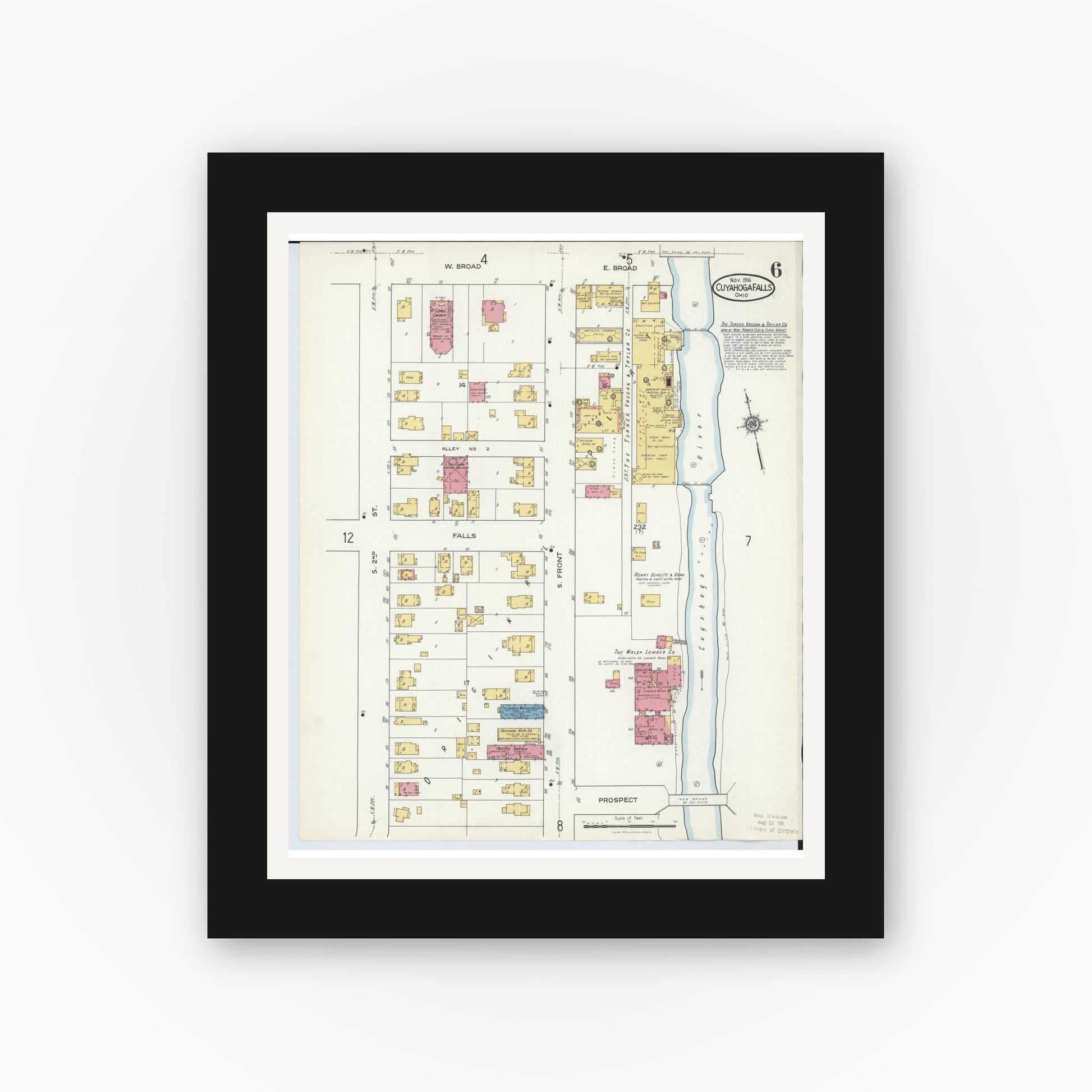 Old map wall art mockup — black gallery frame with white mat — Sanborn Fire Insurance Map from Cuyahoga Falls, Summit County, Ohio (1916), Sheet #0006