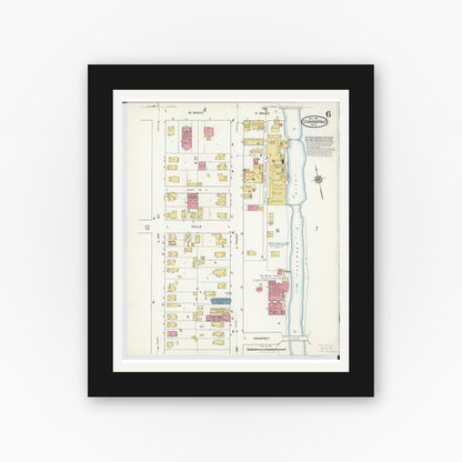 Old map wall art mockup — black gallery frame with white mat — Sanborn Fire Insurance Map from Cuyahoga Falls, Summit County, Ohio (1916), Sheet #0006