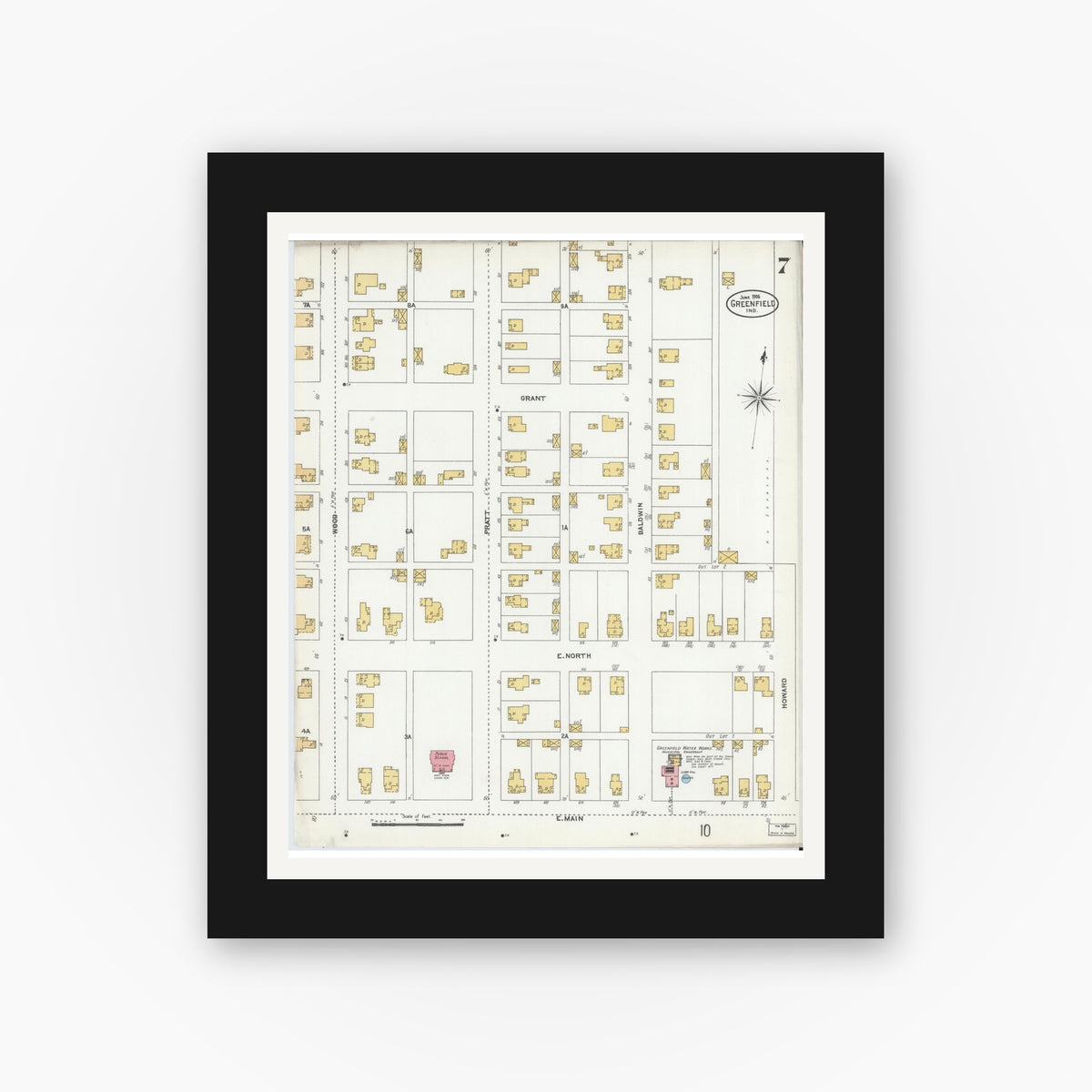 Old map wall art mockup — black gallery frame with white mat — Sanborn Fire Insurance Map from Greenfield, Hancock County, Indiana (1906), Sheet #0007