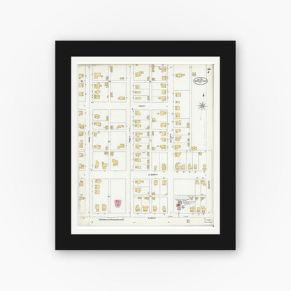 Old map wall art mockup — black gallery frame with white mat — Sanborn Fire Insurance Map from Greenfield, Hancock County, Indiana (1906), Sheet #0007