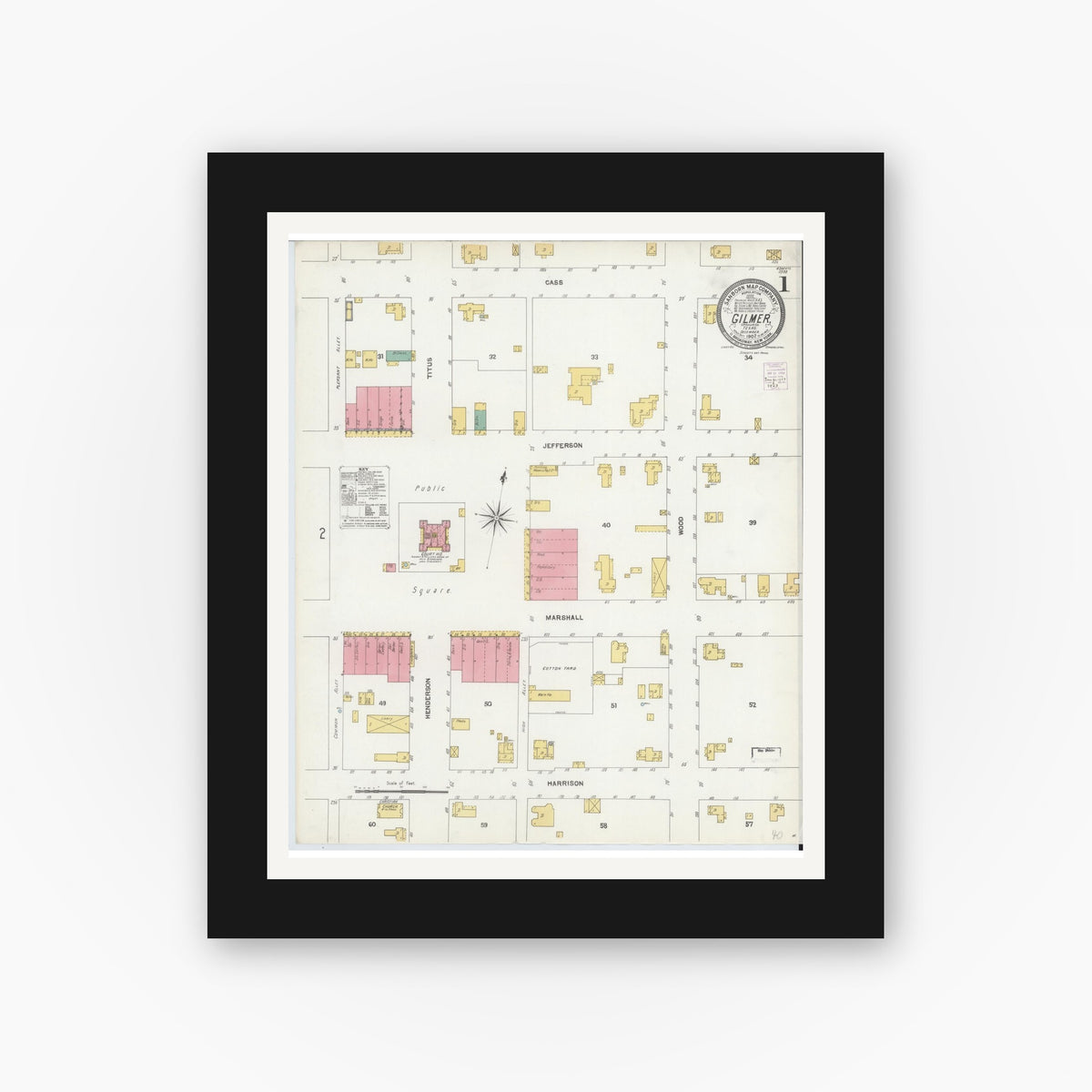 Old map wall art mockup — black gallery frame with white mat — Sanborn Fire Insurance Map from Gilmer, Upshur County, Texas (1902), Sheet #0001