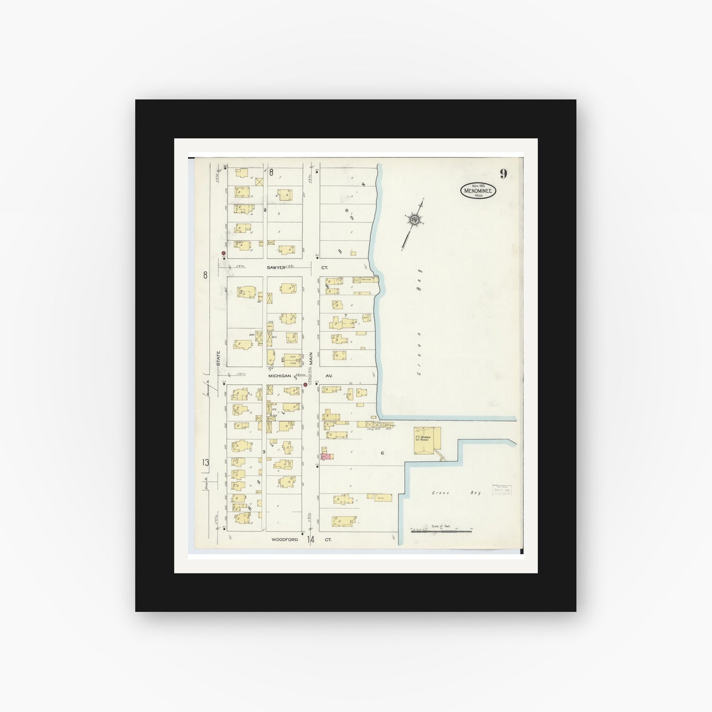 Old map wall art mockup — black gallery frame with white mat — Sanborn Fire Insurance Map from Menominee, Menominee County, Michigan (1913), Sheet #0009