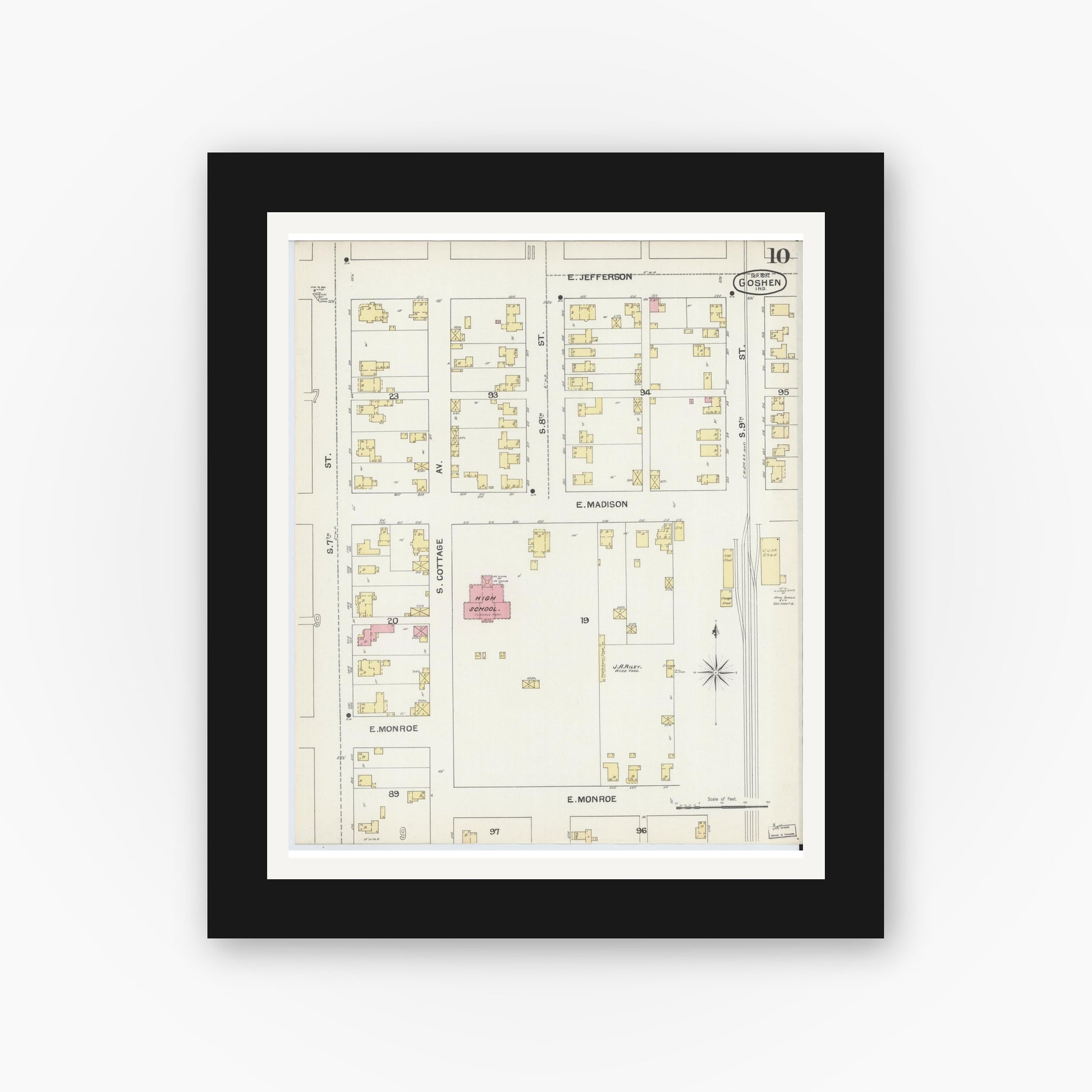 Old map wall art mockup — black gallery frame with white mat — Sanborn Fire Insurance Map from Goshen, Elkhart County, Indiana (1892), Sheet #0010