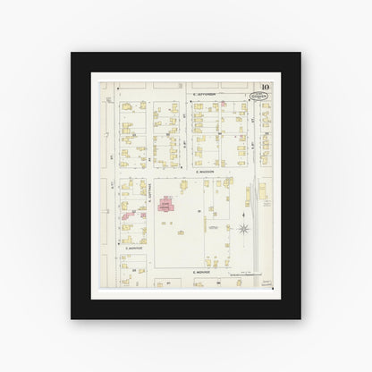 Old map wall art mockup — black gallery frame with white mat — Sanborn Fire Insurance Map from Goshen, Elkhart County, Indiana (1892), Sheet #0010