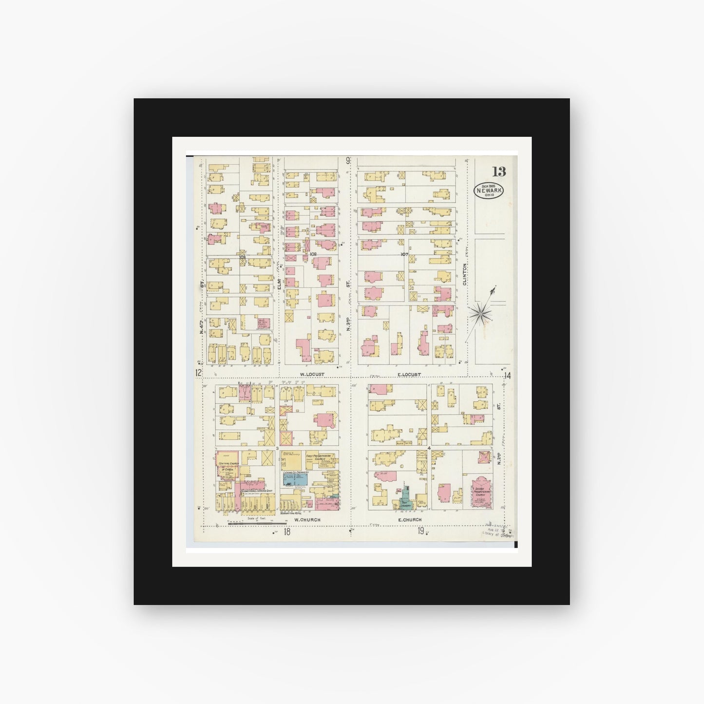 Old map wall art mockup — black gallery frame with white mat — Sanborn Fire Insurance Map from Newark, Licking County, Ohio (1905), Sheet #0013
