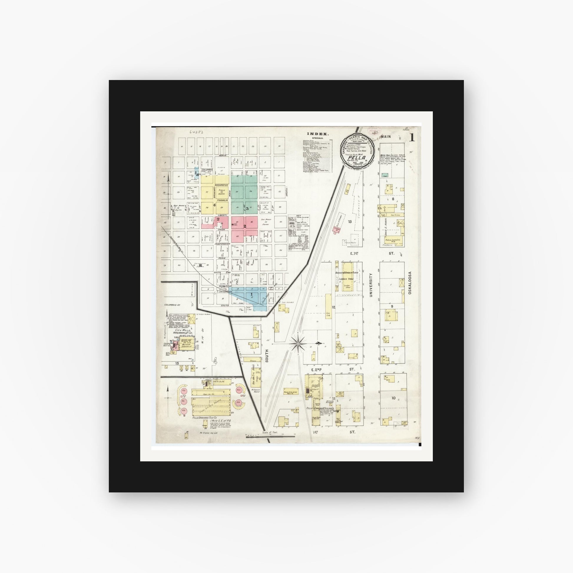 Old map wall art mockup — black gallery frame with white mat — Sanborn Fire Insurance Map from Pella, Marion County, Iowa (1895), Sheet #0001
