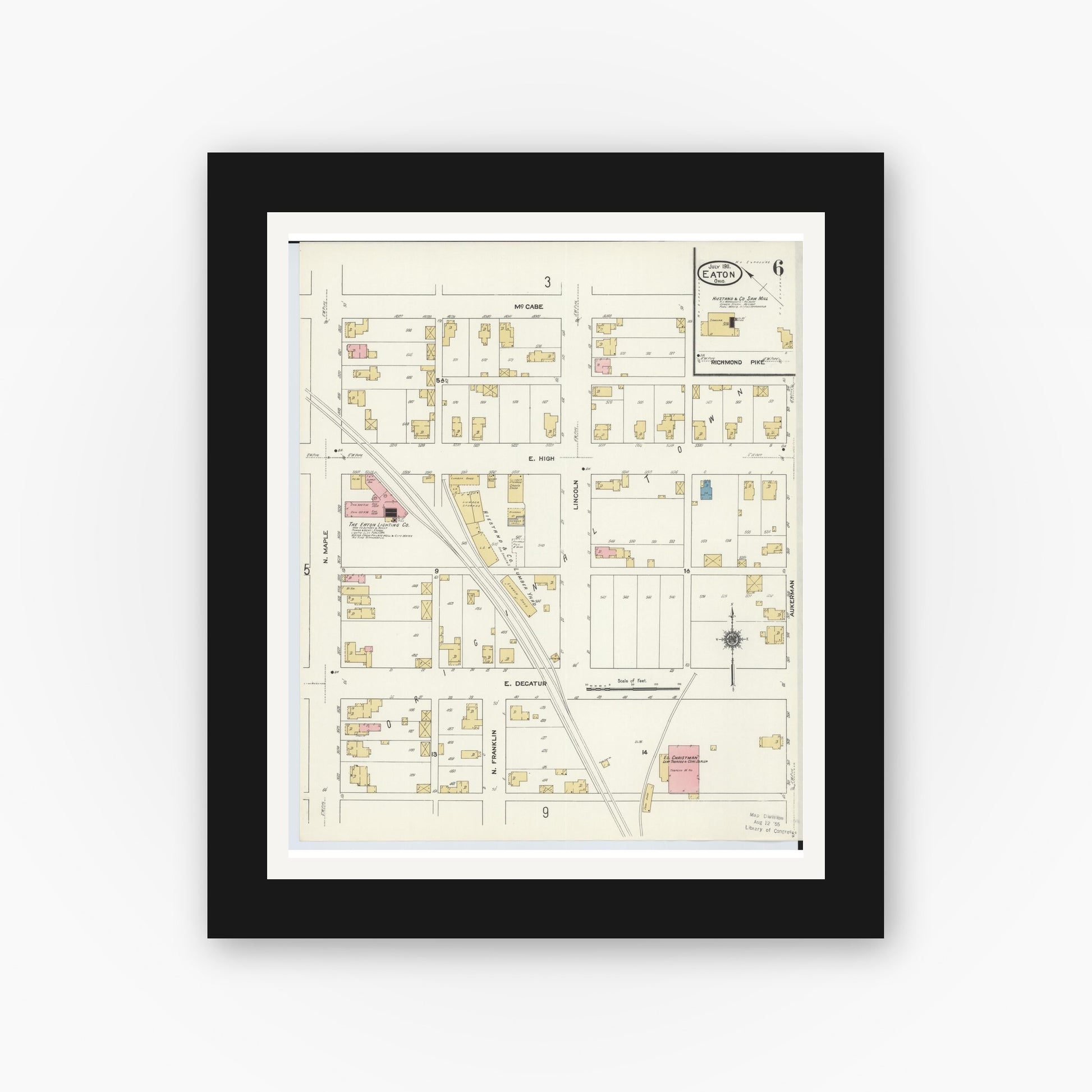 Old map wall art mockup — black gallery frame with white mat — Sanborn Fire Insurance Map from Eaton, Preble County, Ohio (1911), Sheet #0006