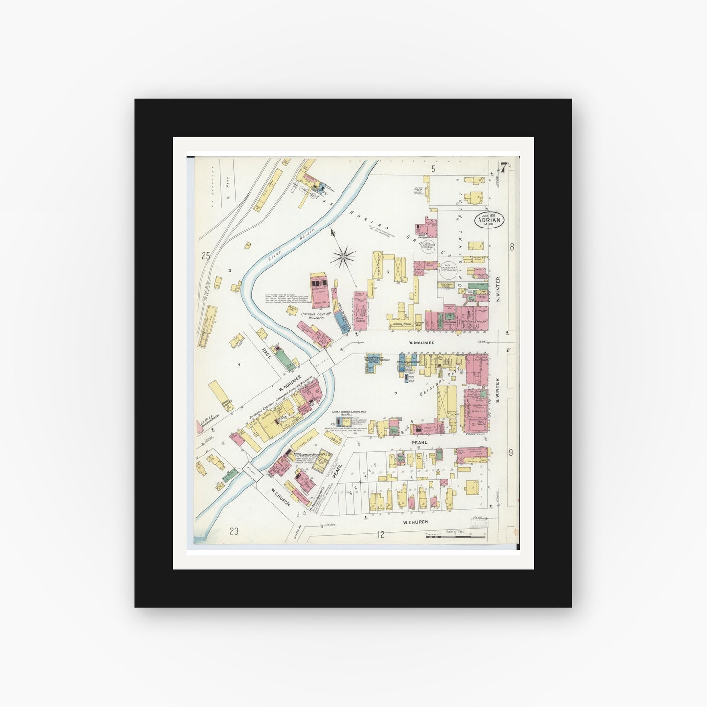 Old map wall art mockup — black gallery frame with white mat — Sanborn Fire Insurance Map from Adrian, Lenawee County, Michigan (1908), Sheet #0007