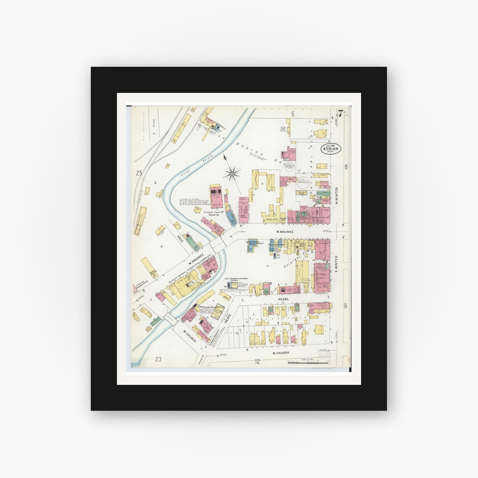 Old map wall art mockup — black gallery frame with white mat — Sanborn Fire Insurance Map from Adrian, Lenawee County, Michigan (1908), Sheet #0007