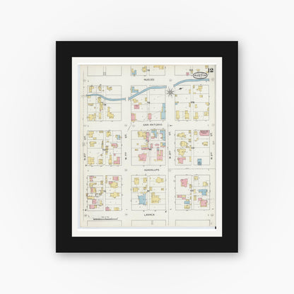 Old map wall art mockup — black gallery frame with white mat — Sanborn Fire Insurance Map from Austin, Travis County, Texas (1894), Sheet #0012
