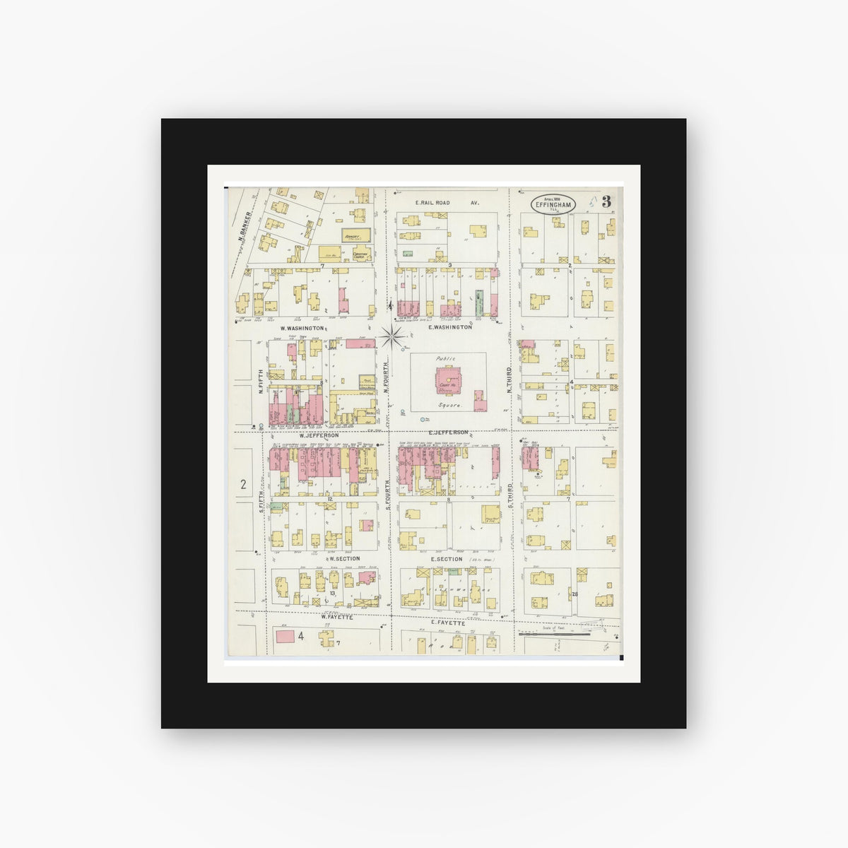 Old map wall art mockup — black gallery frame with white mat — Sanborn Fire Insurance Map from Effingham, Effingham County, Illinois (1898), Sheet #0003