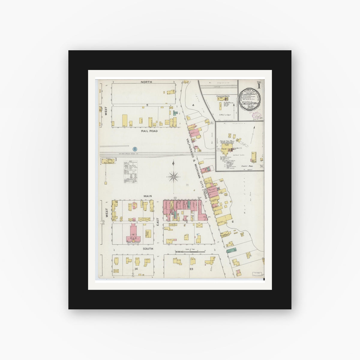 Old map wall art mockup — black gallery frame with white mat — Sanborn Fire Insurance Map from Chesterton, Porter County, Indiana (1893) - Complete Map Set