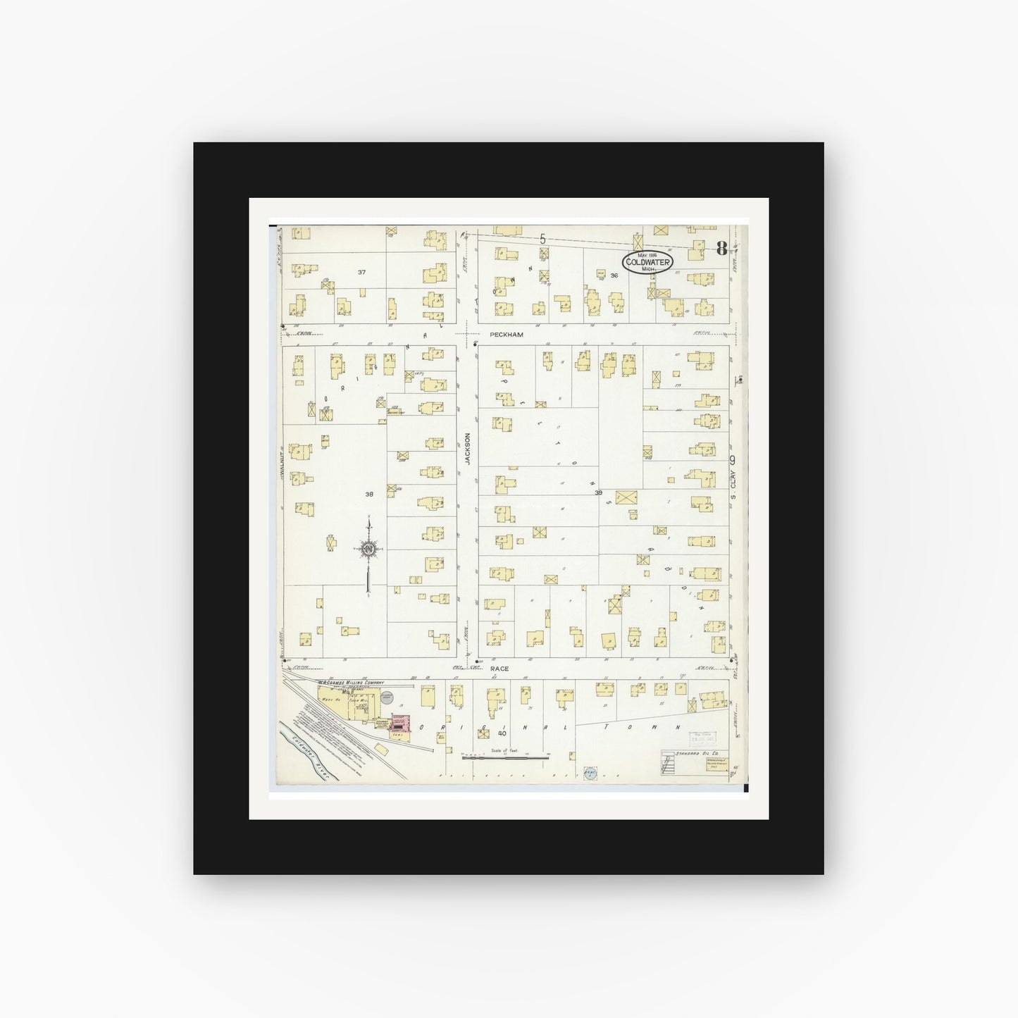 Old map wall art mockup — black gallery frame with white mat — Sanborn Fire Insurance Map from Coldwater, Branch County, Michigan (1914), Sheet #0008
