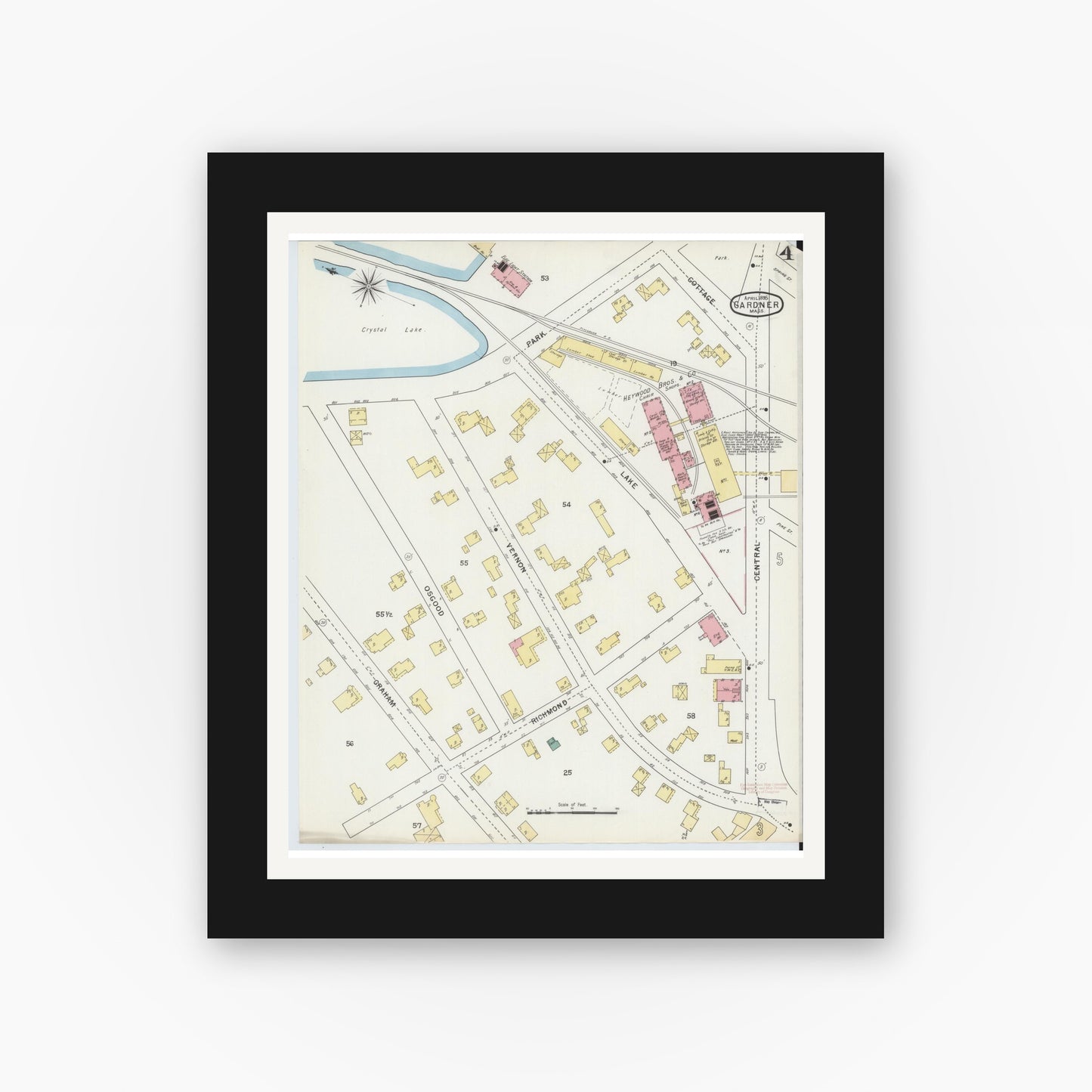 Old map wall art mockup — black gallery frame with white mat — Sanborn Fire Insurance Map from Gardner, Worcester County, Massachusetts (1895), Sheet #0004
