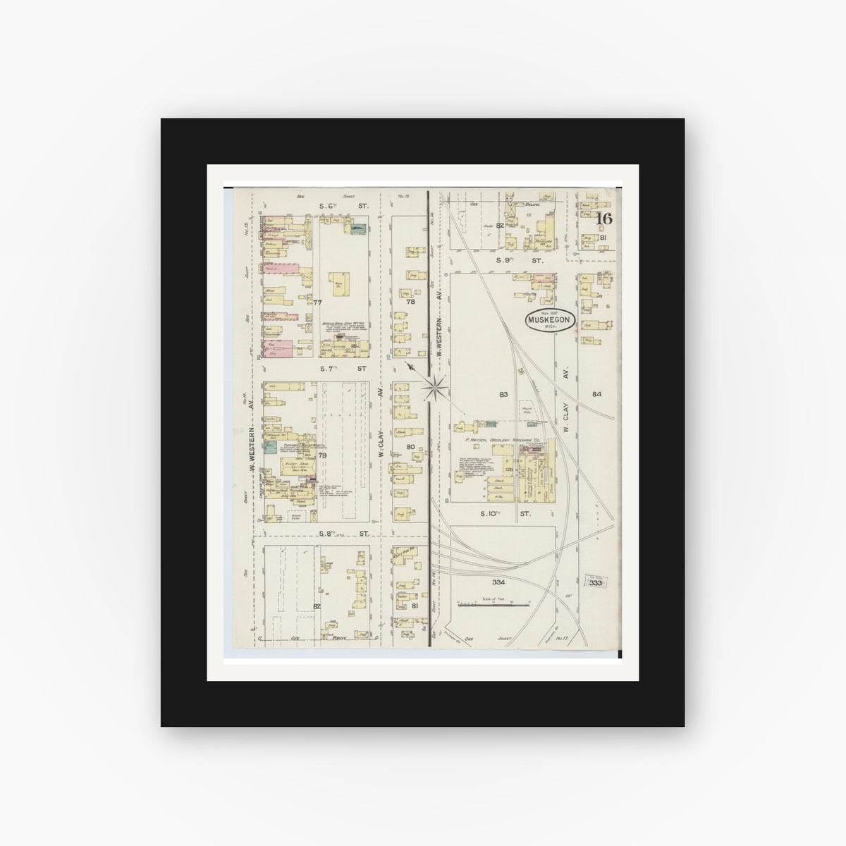 Old map wall art mockup — black gallery frame with white mat — Sanborn Fire Insurance Map from Muskegon, Muskegon County, Michigan (1887), Sheet #0016