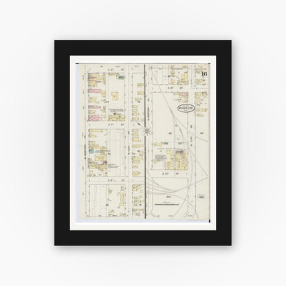 Old map wall art mockup — black gallery frame with white mat — Sanborn Fire Insurance Map from Muskegon, Muskegon County, Michigan (1887), Sheet #0016