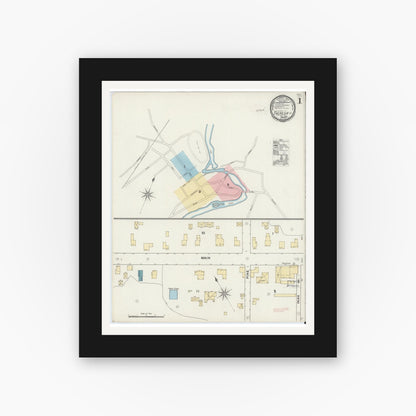 Old map wall art mockup — black gallery frame with white mat — Sanborn Fire Insurance Map from Theresa, Jefferson County, New York (1891), Sheet #0001